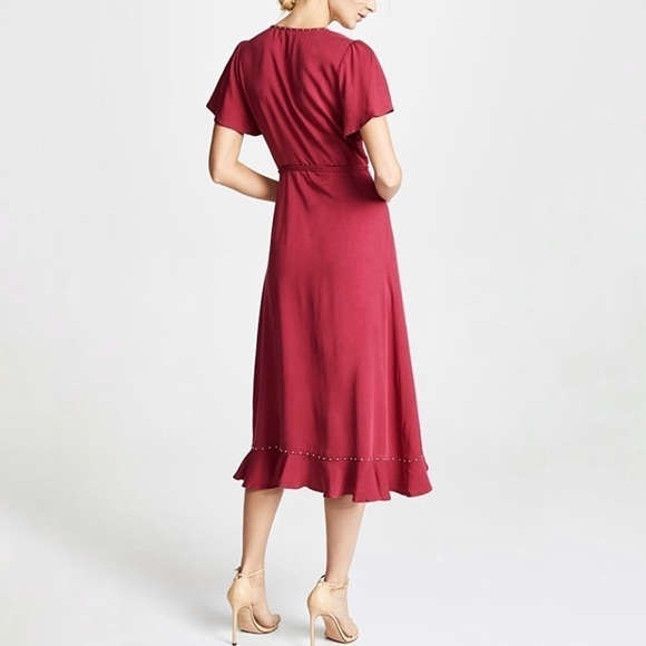 LOYD/FORD Flutter Sleeve Studded Ruffle Midi Wrap Dress Raspberry Red 0 / XS - Picture 3 of 14